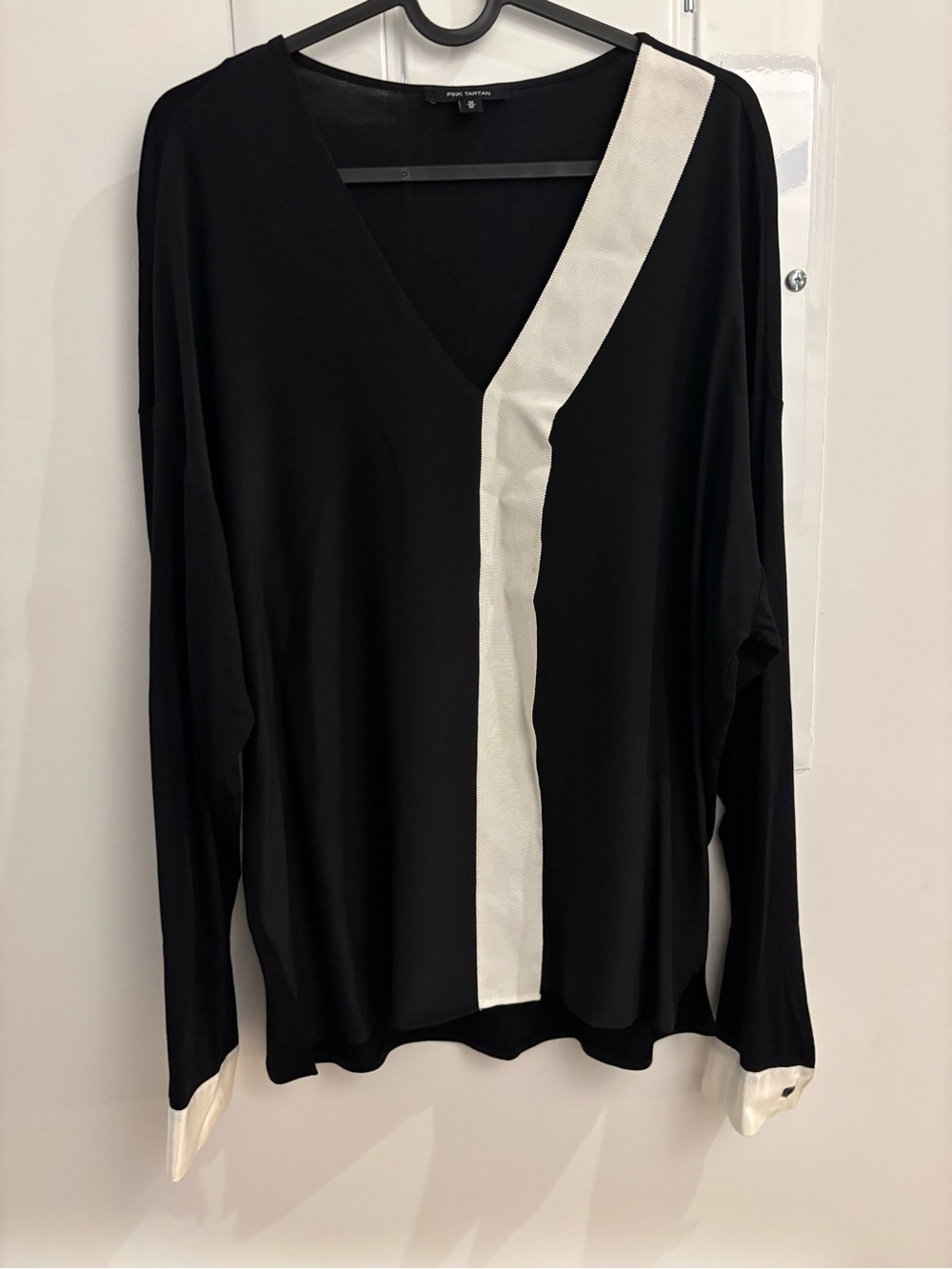 Pink Tartan Silk Black V-Neck Top with White Stripe